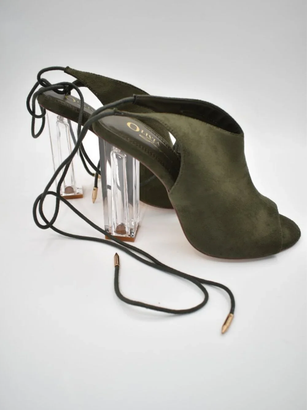 New w/ Box 7.5 Olive Green Olivia Jaymes Suede Clear Block Heel Lace Up Open Toe